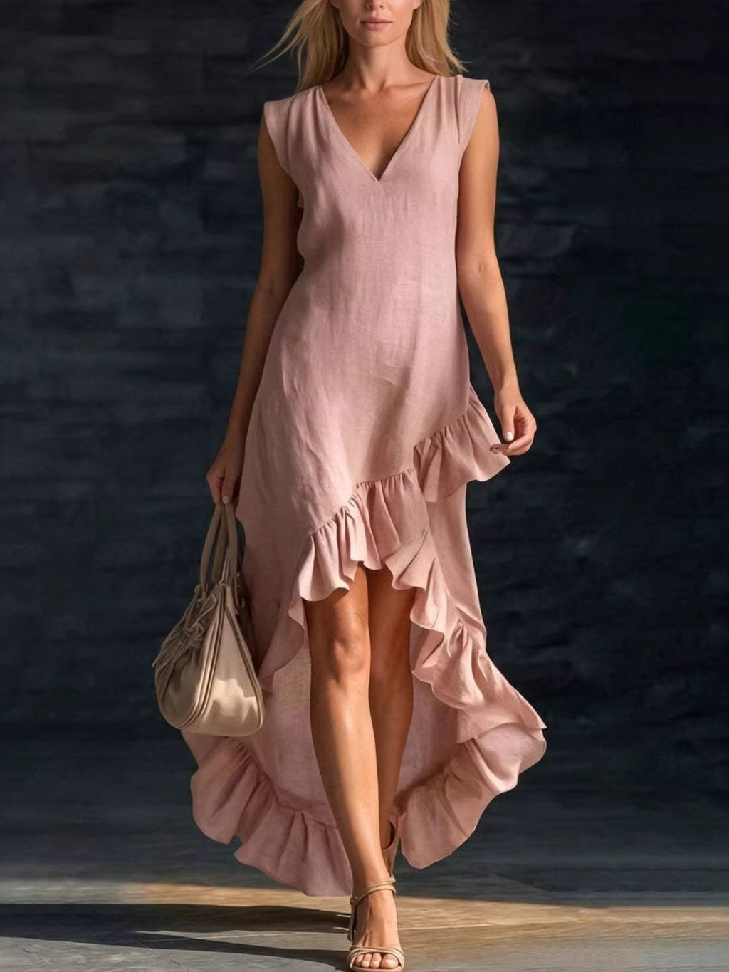 Sleeveless V-Neck Ruffle Hem High-Low Dress - product image 6