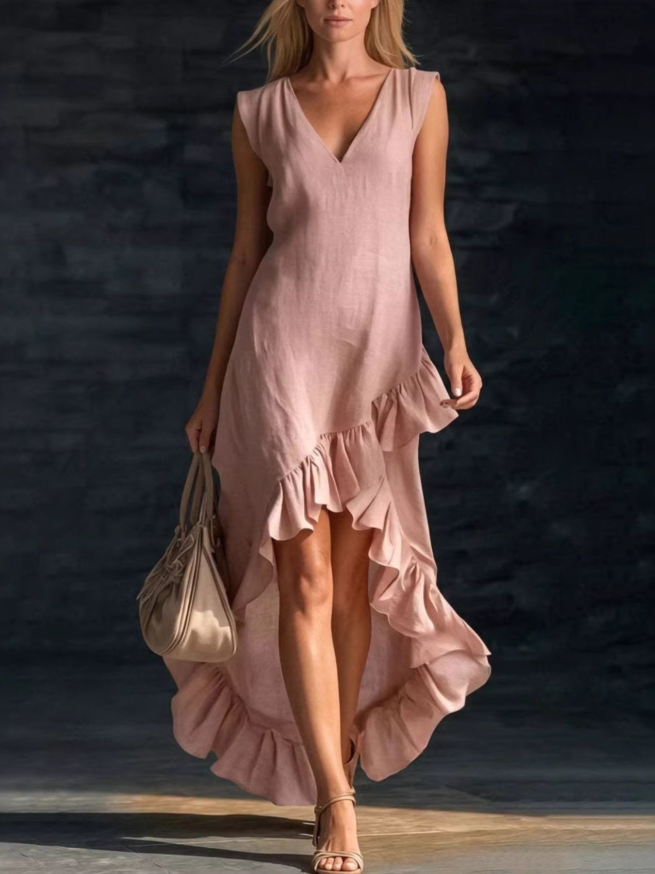 Sleeveless V-Neck Ruffle Hem High-Low Dress - product image 6