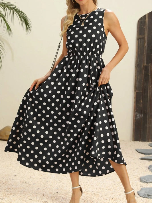 Polka Dot Round Neck Sleeveless Midi Dress - Shopiebay women's boutique