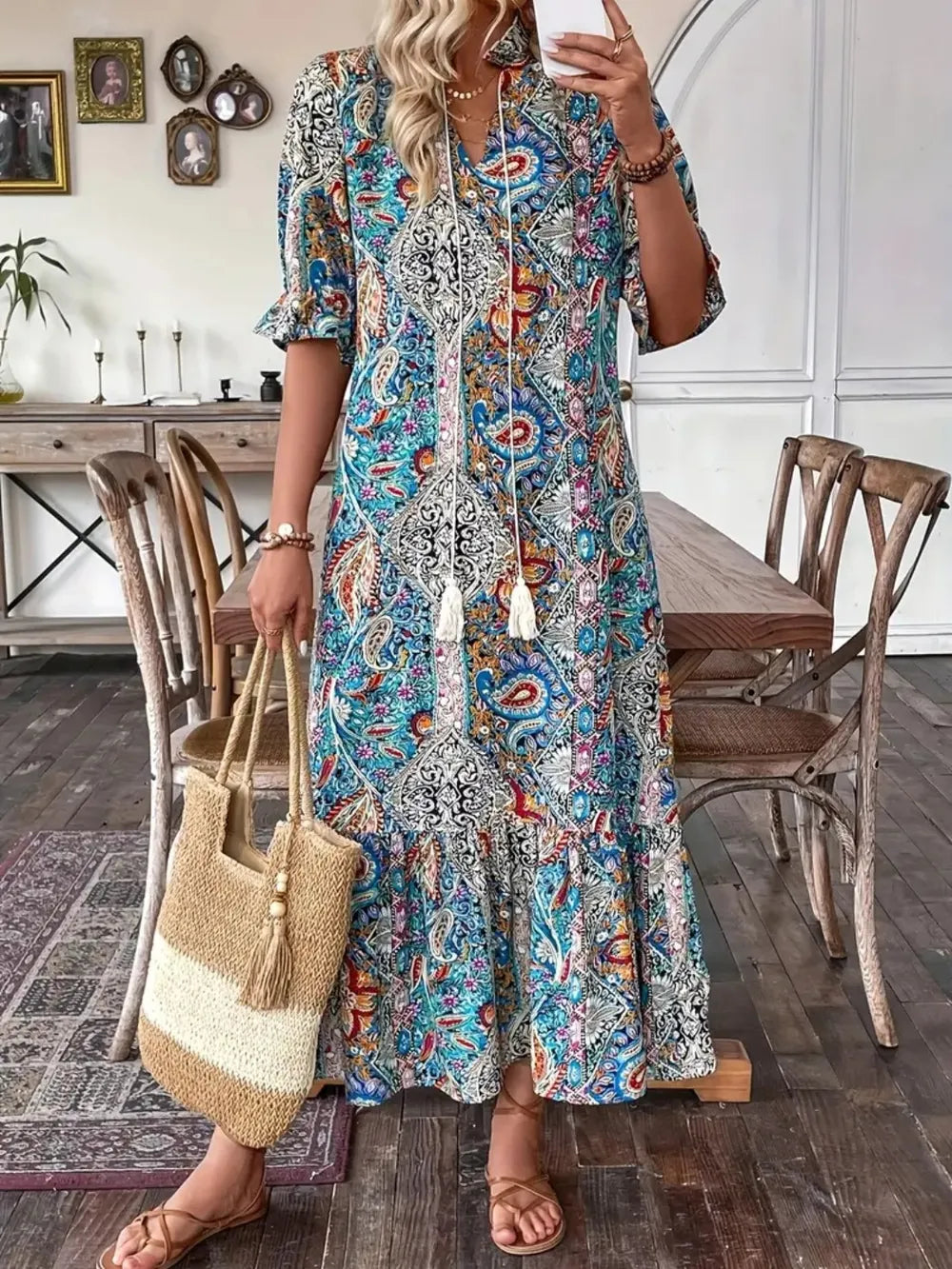 Printed Tie Neck Flounce Sleeve Midi Dress - product image 8