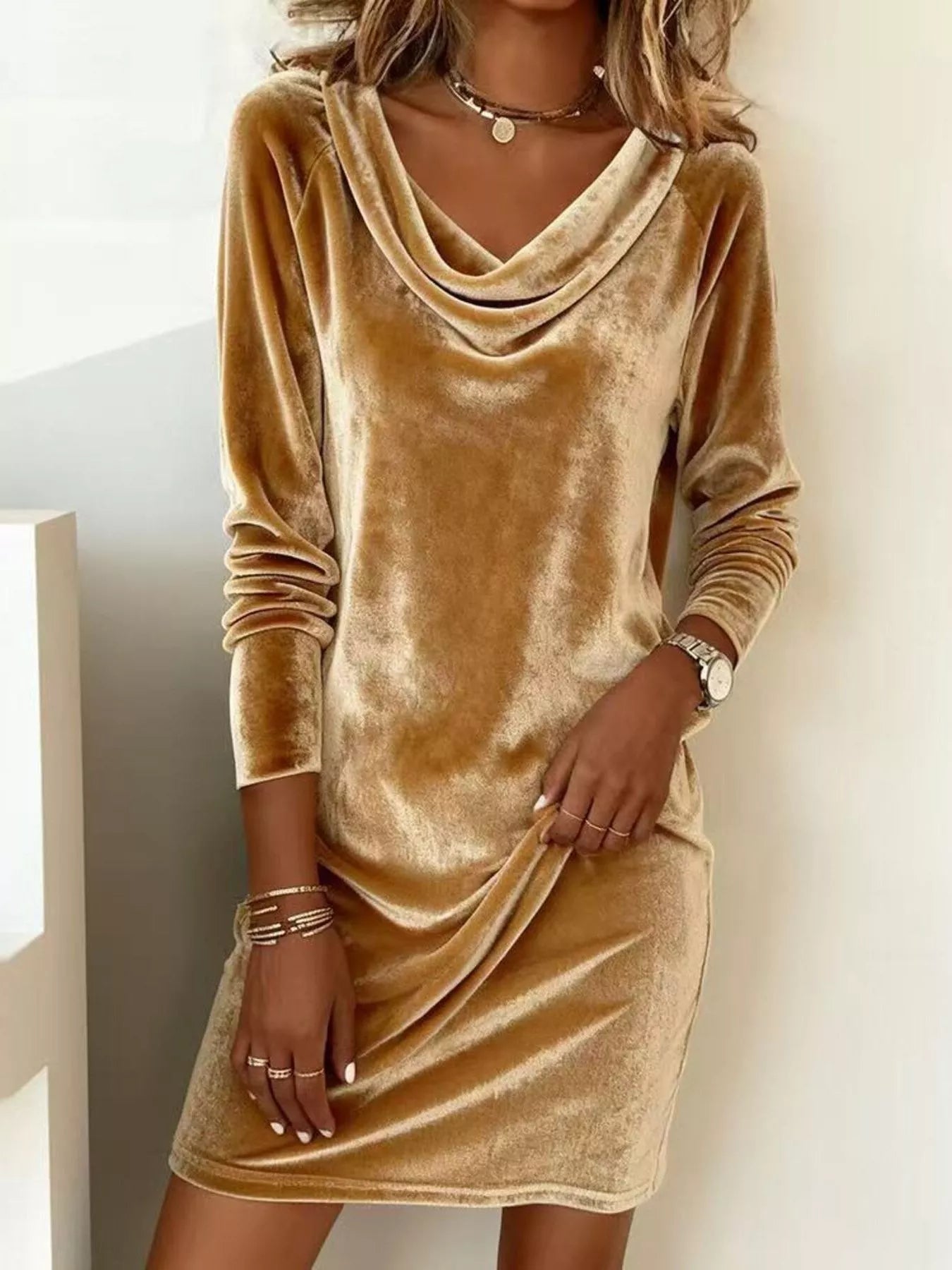 Velvet Cowl Neck Long Sleeve Mini Dress Main image