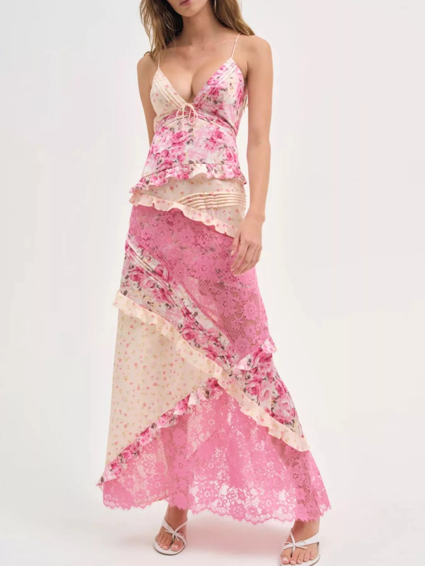 Lace Floral Print Ruffle Trim Maxi Dress Secondary image