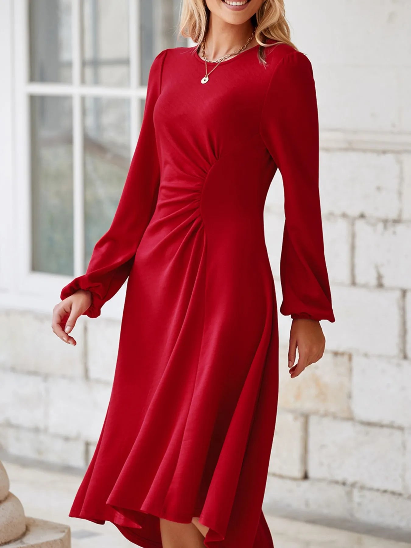 Solid Color Ruched Detail Long Sleeve Midi Dress - product image 19