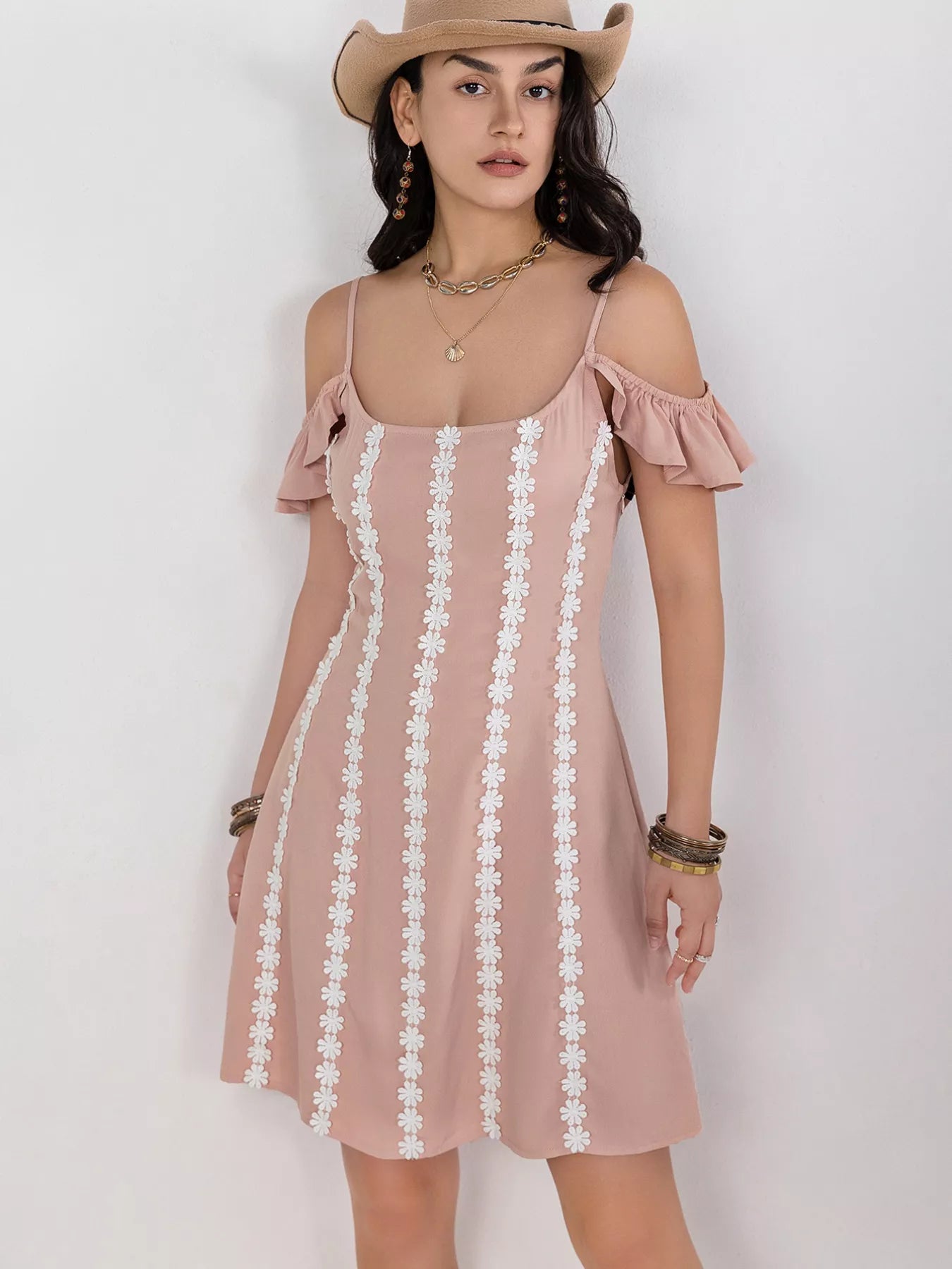 Floral Lace Trim Cold Shoulder A-Line Dress view 2 - Shopiebay