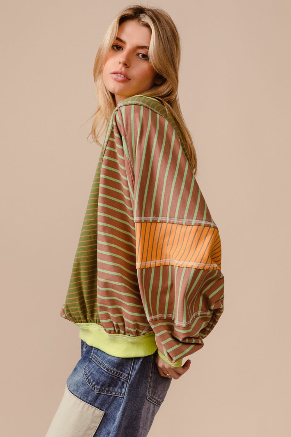 BiBi Color Block Striped Round Neck Sweatshirt