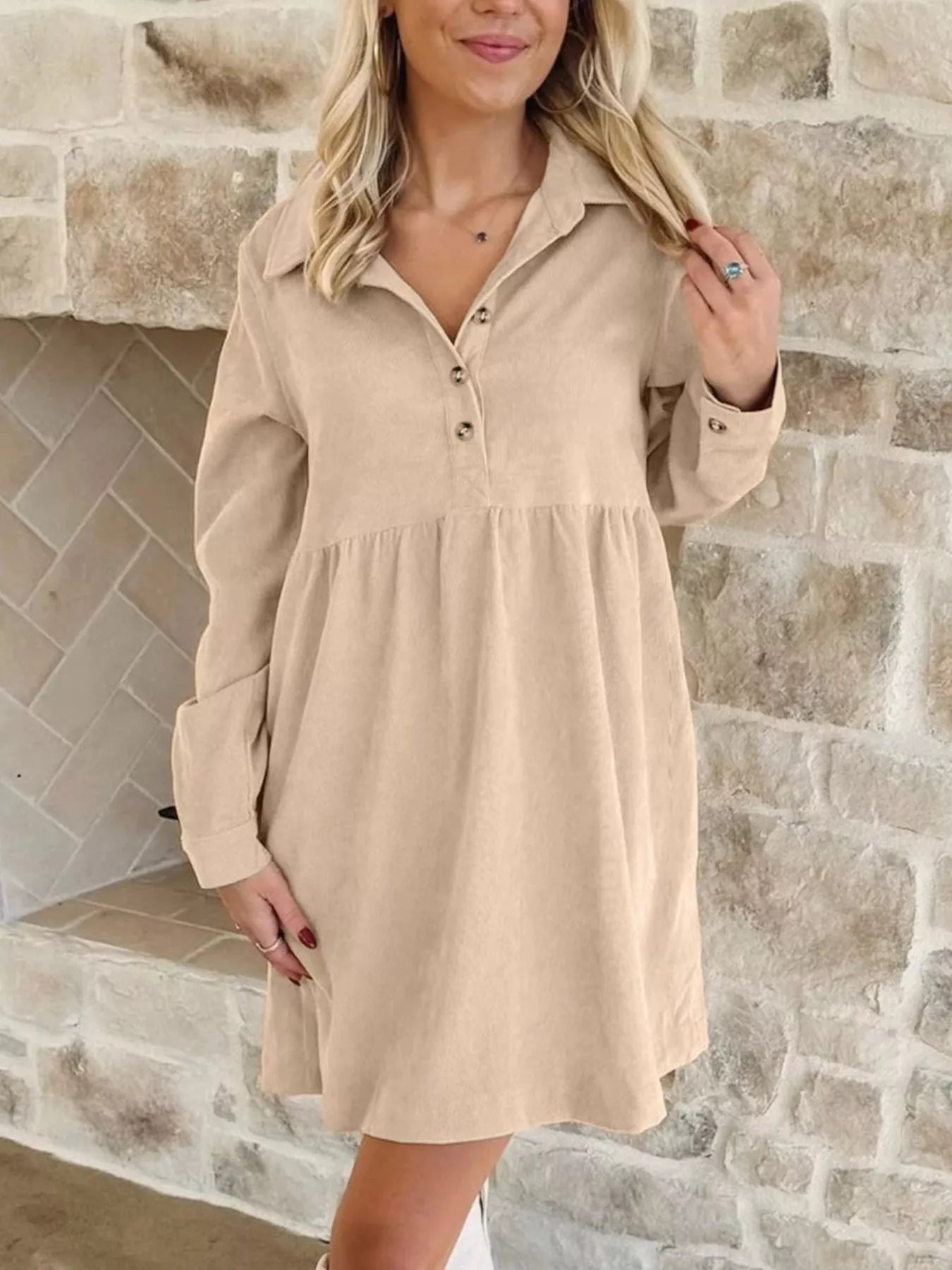 Corduroy Half Button Collared Long Sleeve Mini Dress - product image 3