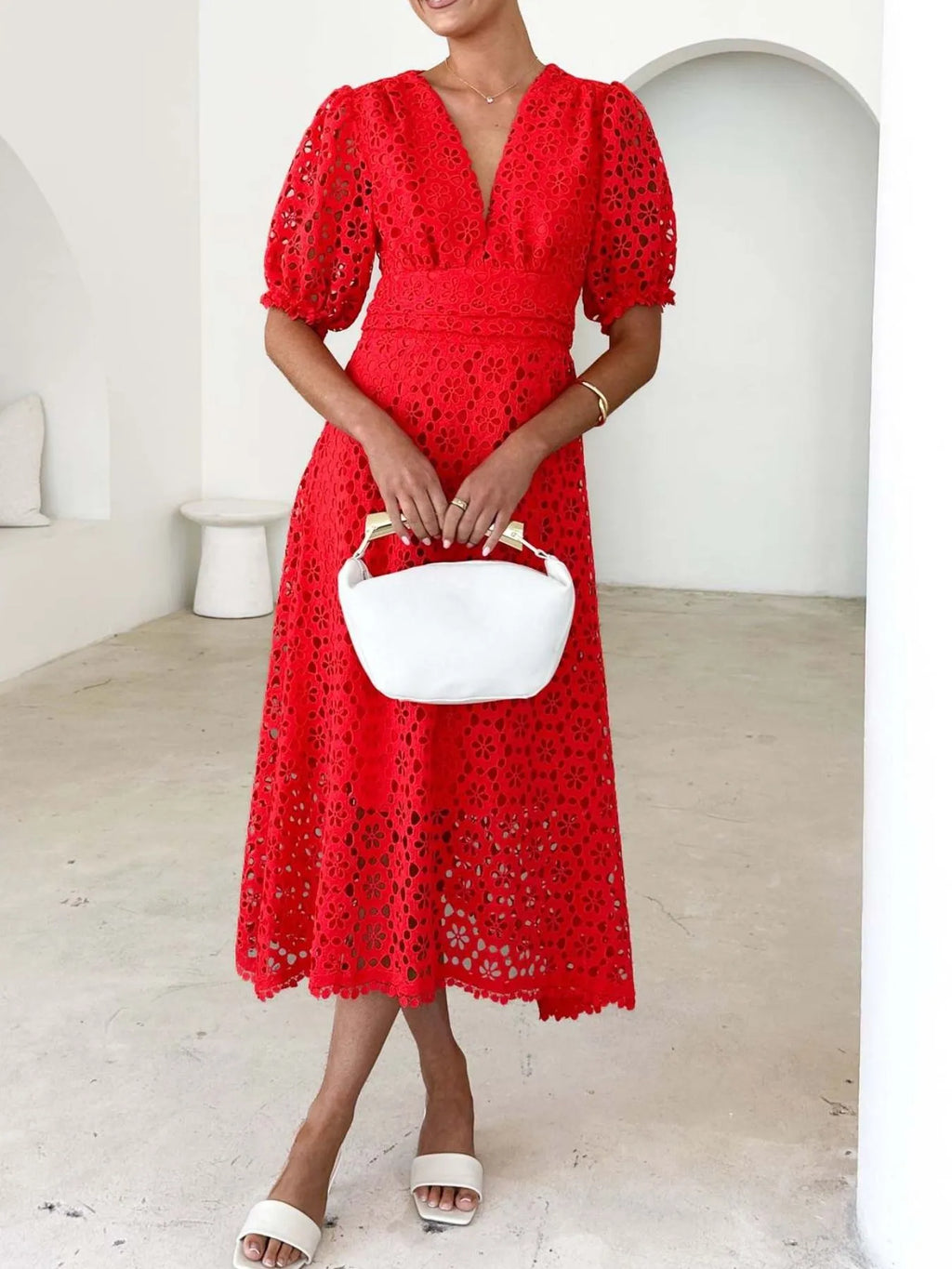 Eyelet Lace V-Neck Midi Dress with Puff Sleeves - product image 18