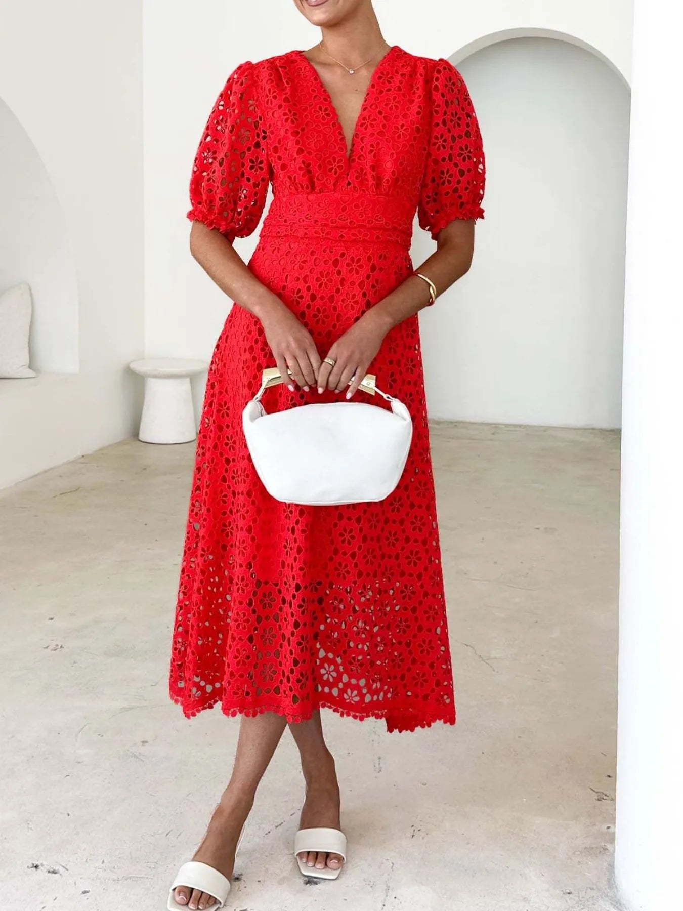 Eyelet Lace V-Neck Midi Dress with Puff Sleeves - product image 18
