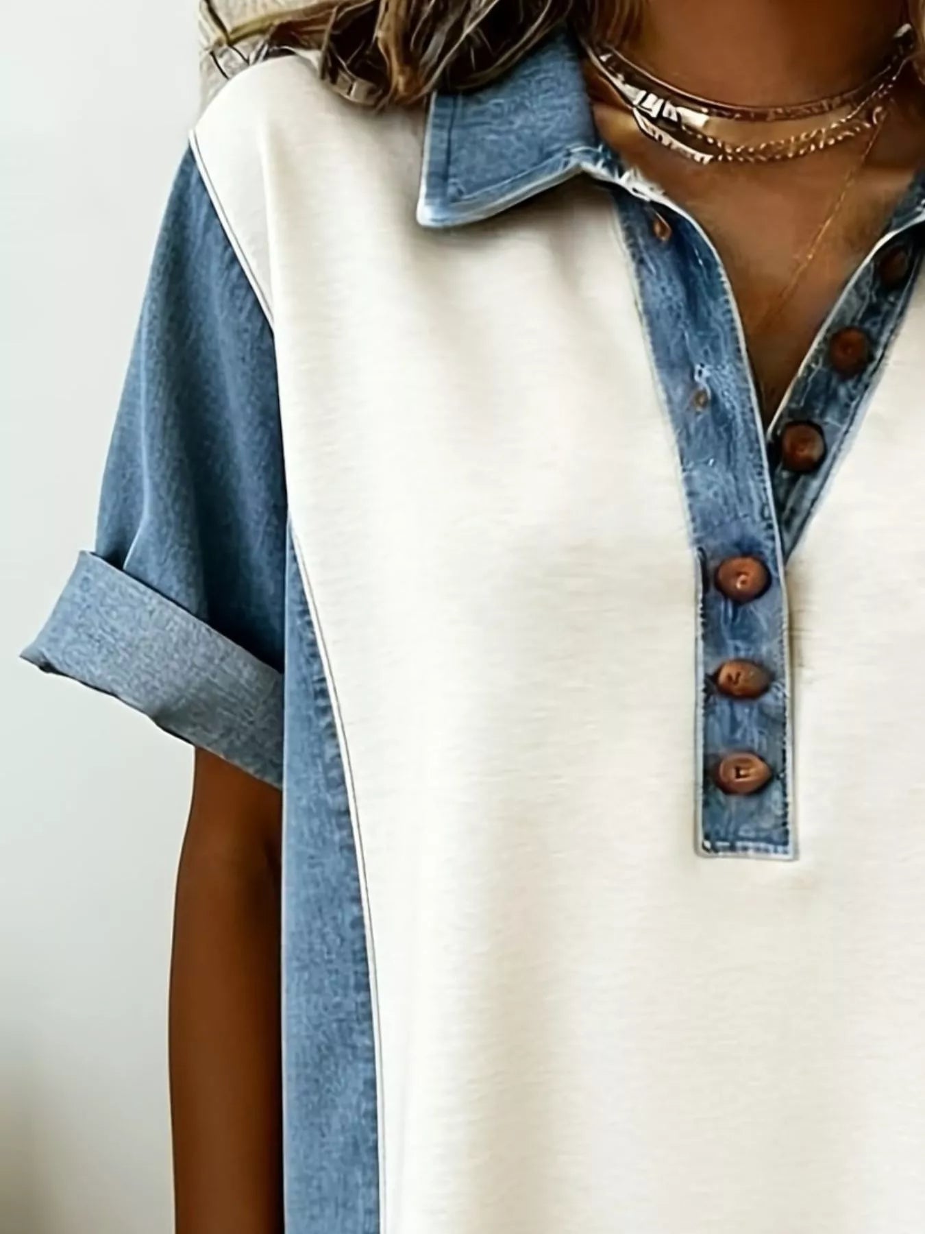 Denim Patchwork Button Front Mini Dress Secondary image