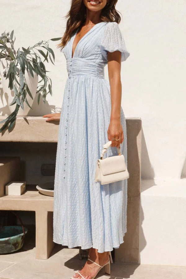 V-Neck Puff Short Sleeve Midi Dress - product image 3
