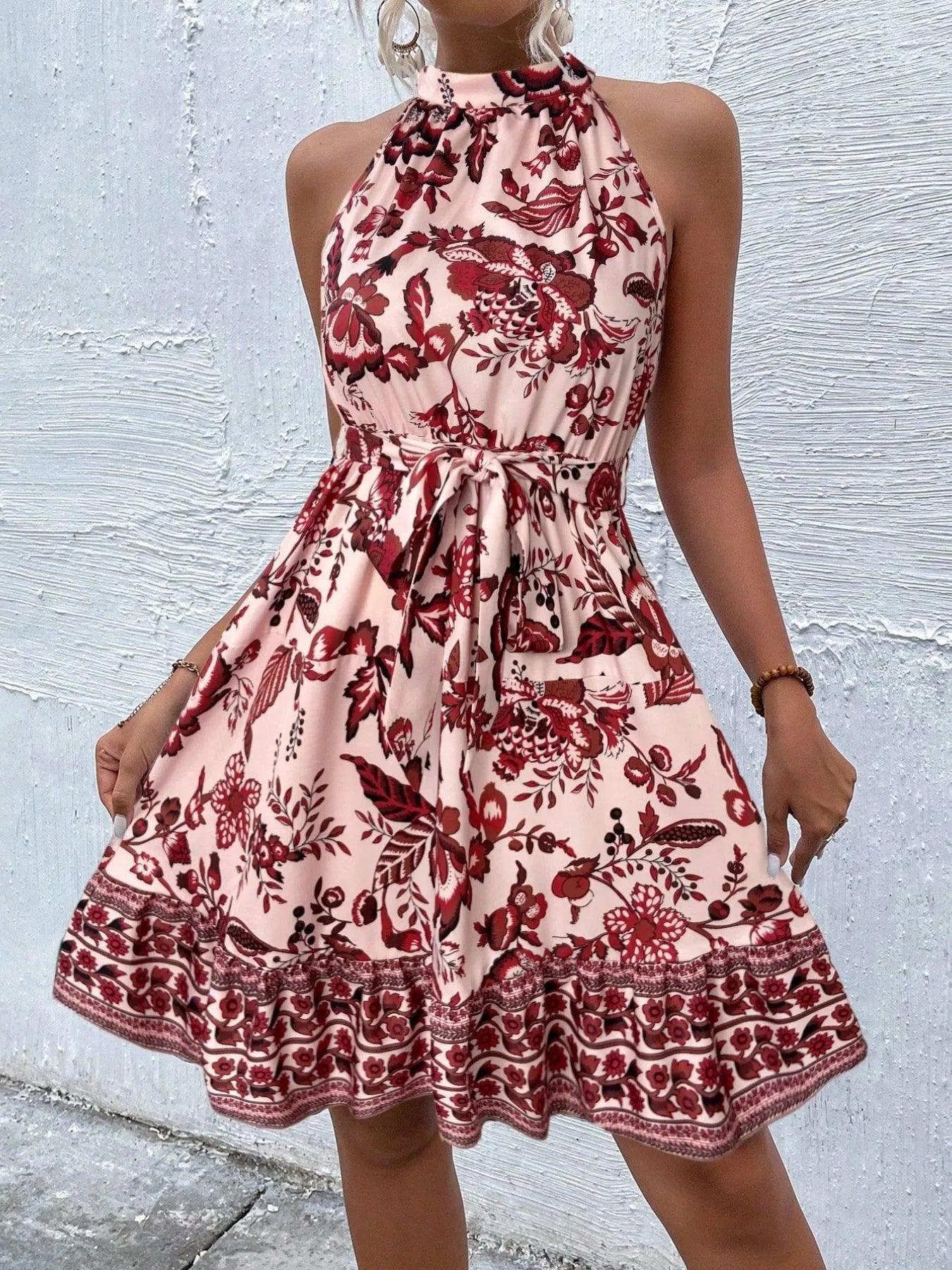 Floral Halter Neck Summer Dress with Belt view 6 - Shopiebay