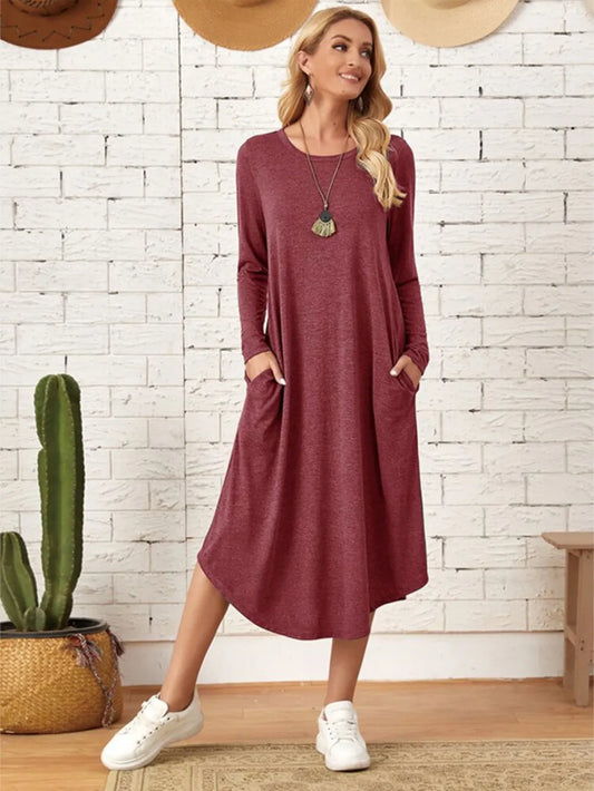 Pocketed Round Neck Long Sleeve Tee Dress - Shopiebay women's boutique
