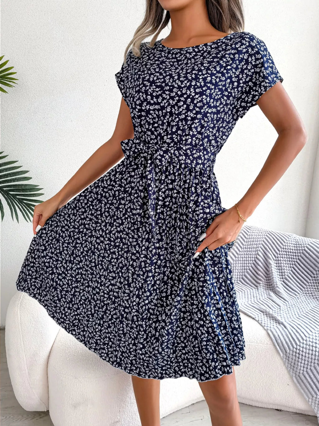 Women's Floral Pleated Midi Dress with Belt – Casual Spring Style - product image 8