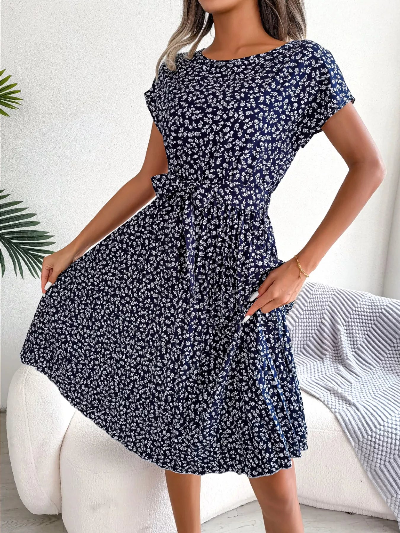 Women's Floral Pleated Midi Dress with Belt – Casual Spring Style - product image 8