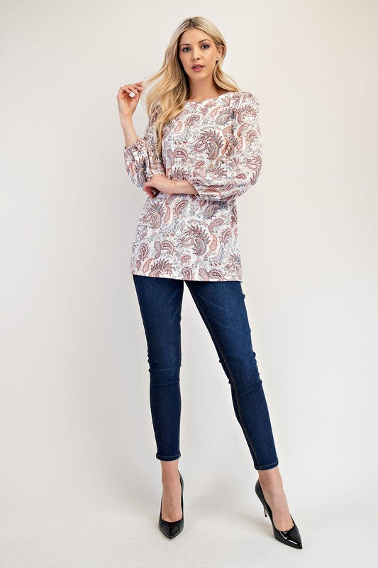 Celeste Full Size Paisley Round Neck Balloon Sleeve Top