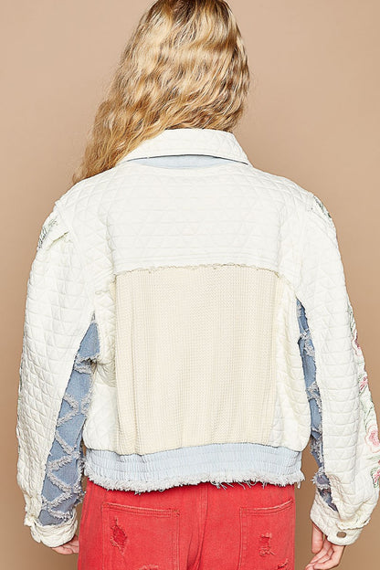 POL Embroidered Sleeve Raw Edge Quilted Jacket