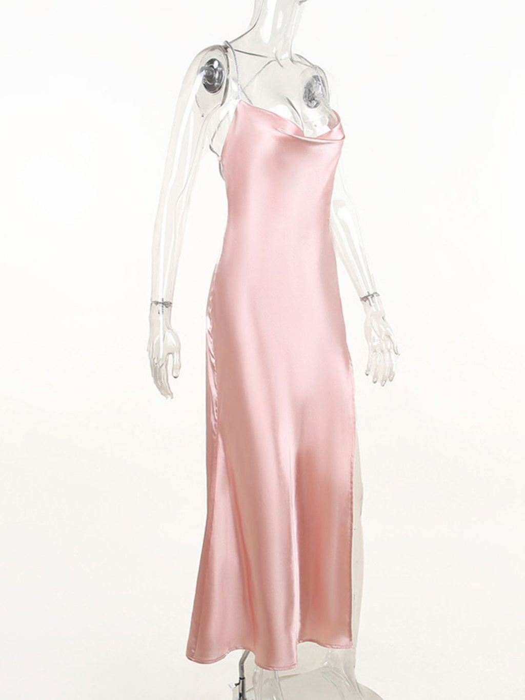 Slinky Satin Cowl Neck High Slit Dress with Back Lace Up - product image 11