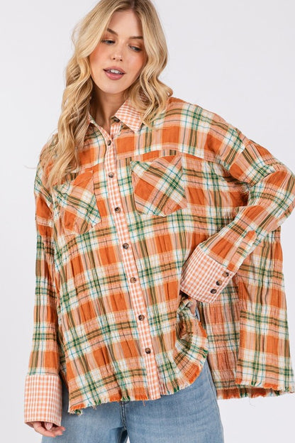 SAGE + FIG Side Slit Plaid Button Down Long Sleeve Shirt