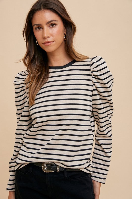 Annie Wear Striped Round Neck Puff Sleeve French Terry Top