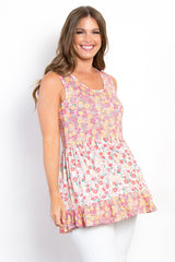 Be Stage Full Size Floral Sleeveless Babydoll Top