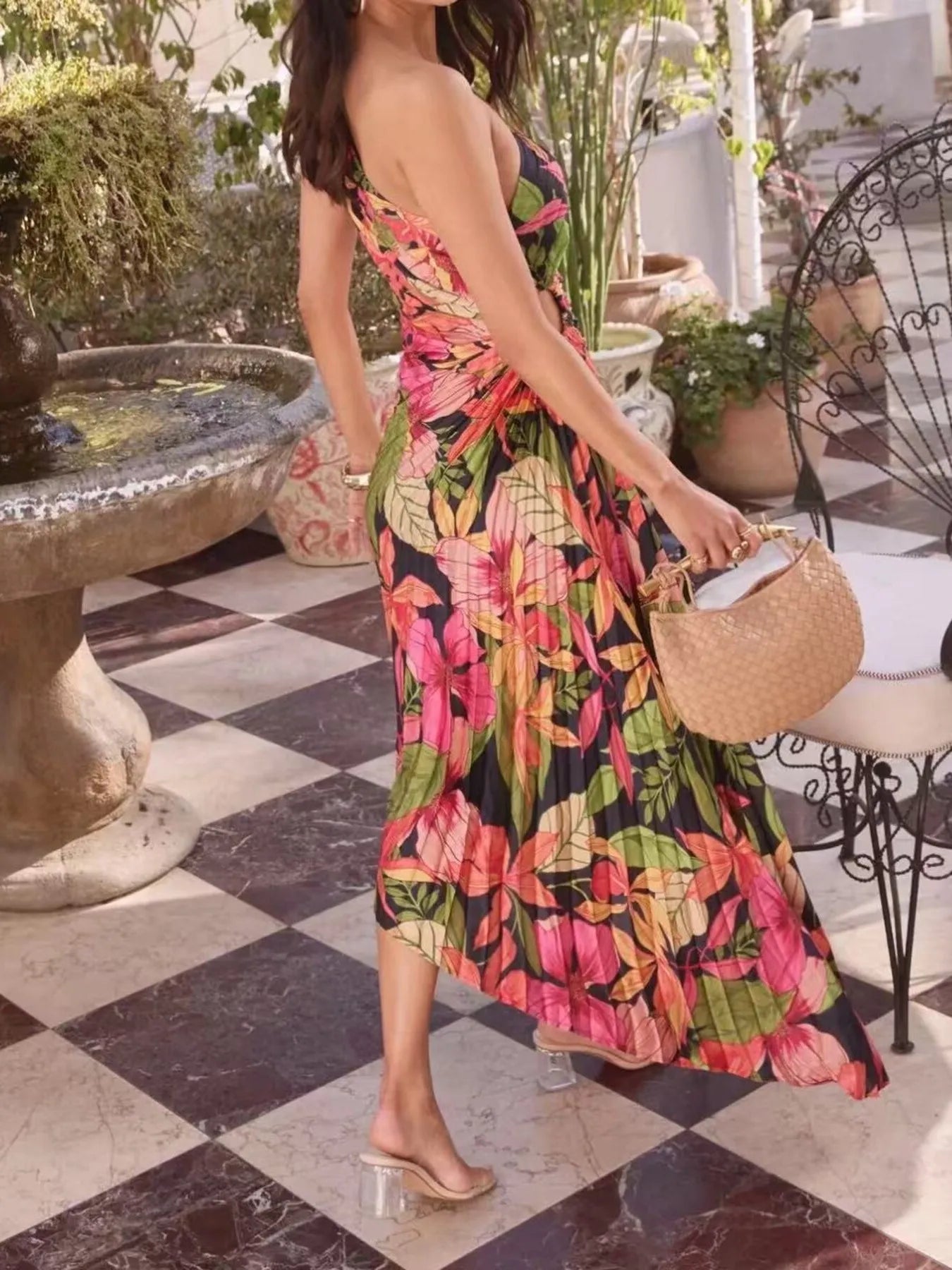 Single Shoulder Floral Pleated Dress view 8 - Shopiebay