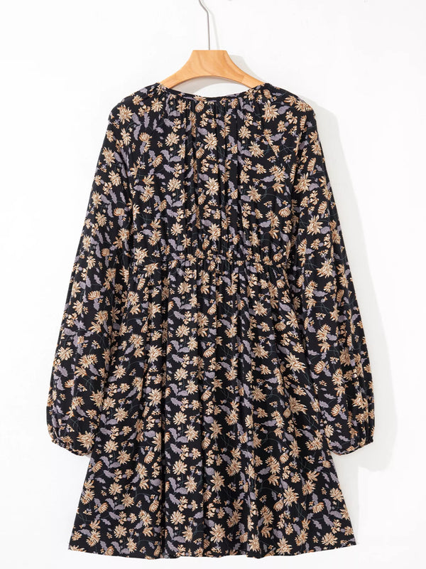 Floral Deep V Neck Smocked Bust Bubble Sleeve Babydoll Dress - product image 4