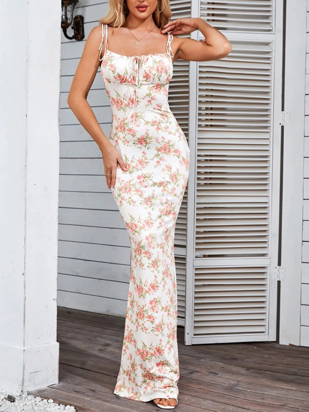 Floral Print Tie Strap Bodycon Maxi Dress - product image 3