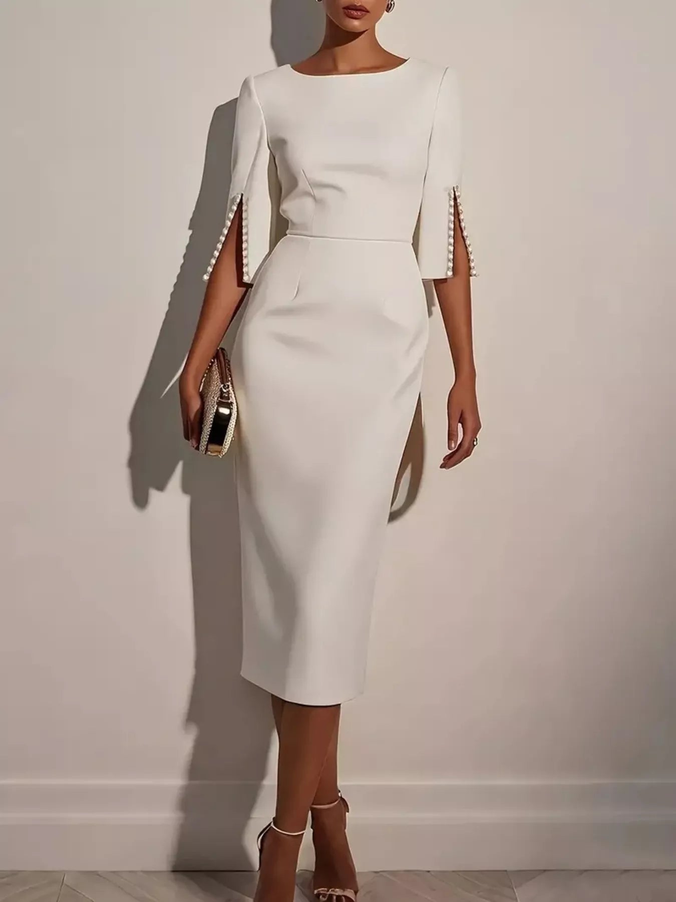 Slim-Fit Elegant Midi Dress with Beaded Slit Sleeve Main image
