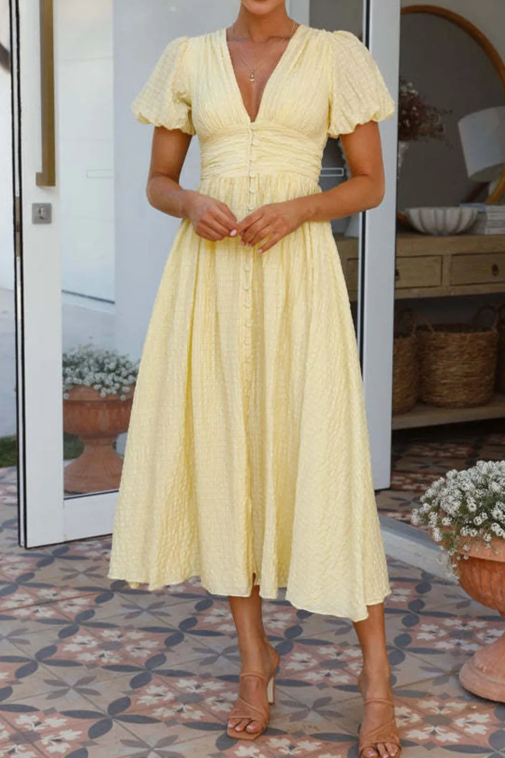 V-Neck Puff Short Sleeve Midi Dress - product image 11