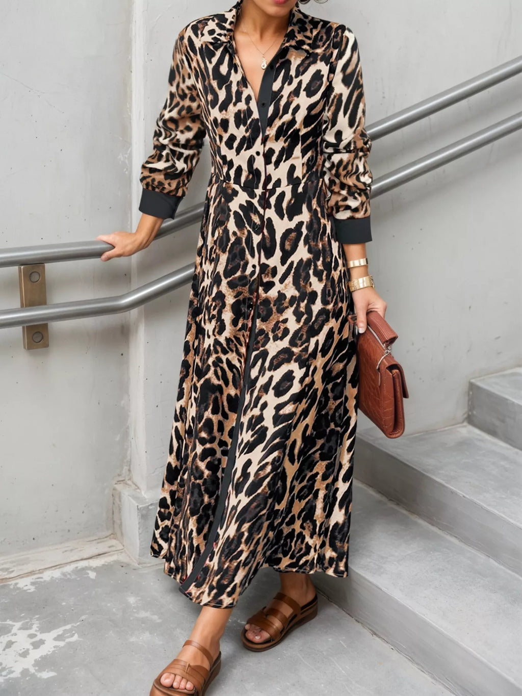 Leopard Print Long Sleeve Shirt Dress with Contrast Trim - product image 13