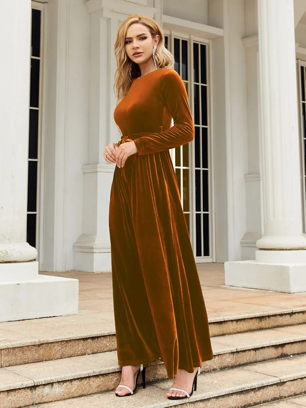 Tie Front Round Neck Long Sleeve Maxi Dress - product image 6