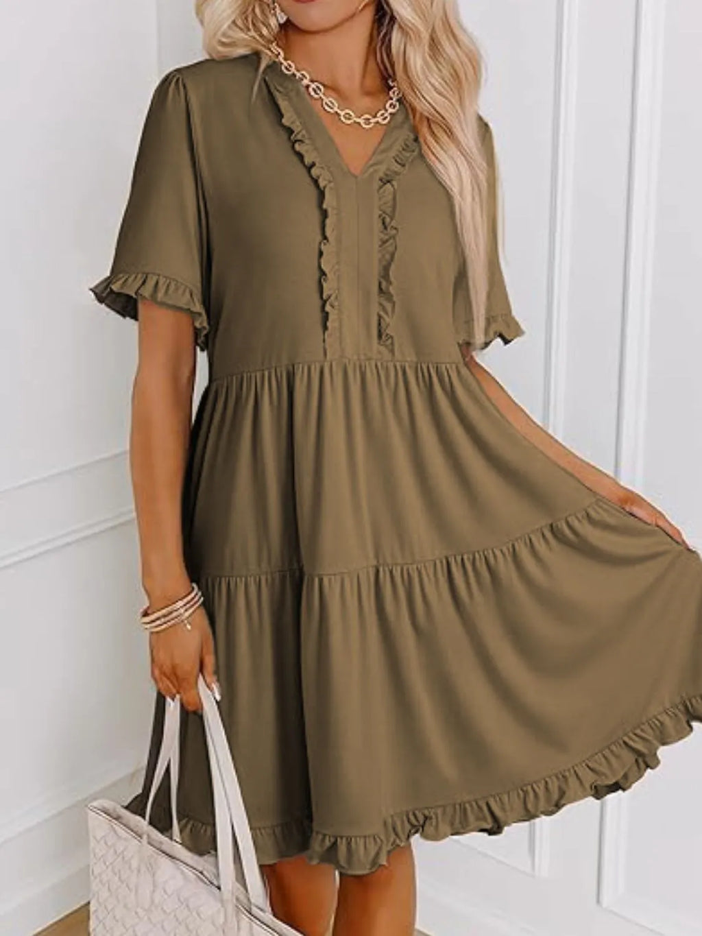 Tiered Notched Short Sleeve Mini Dress - product image 14