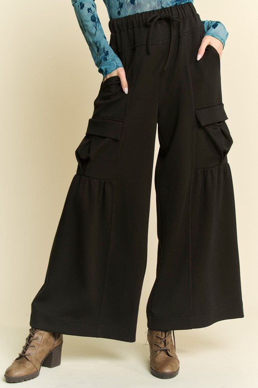 Davi & Dani Drawstring Ruched Detail Wide Leg Pants