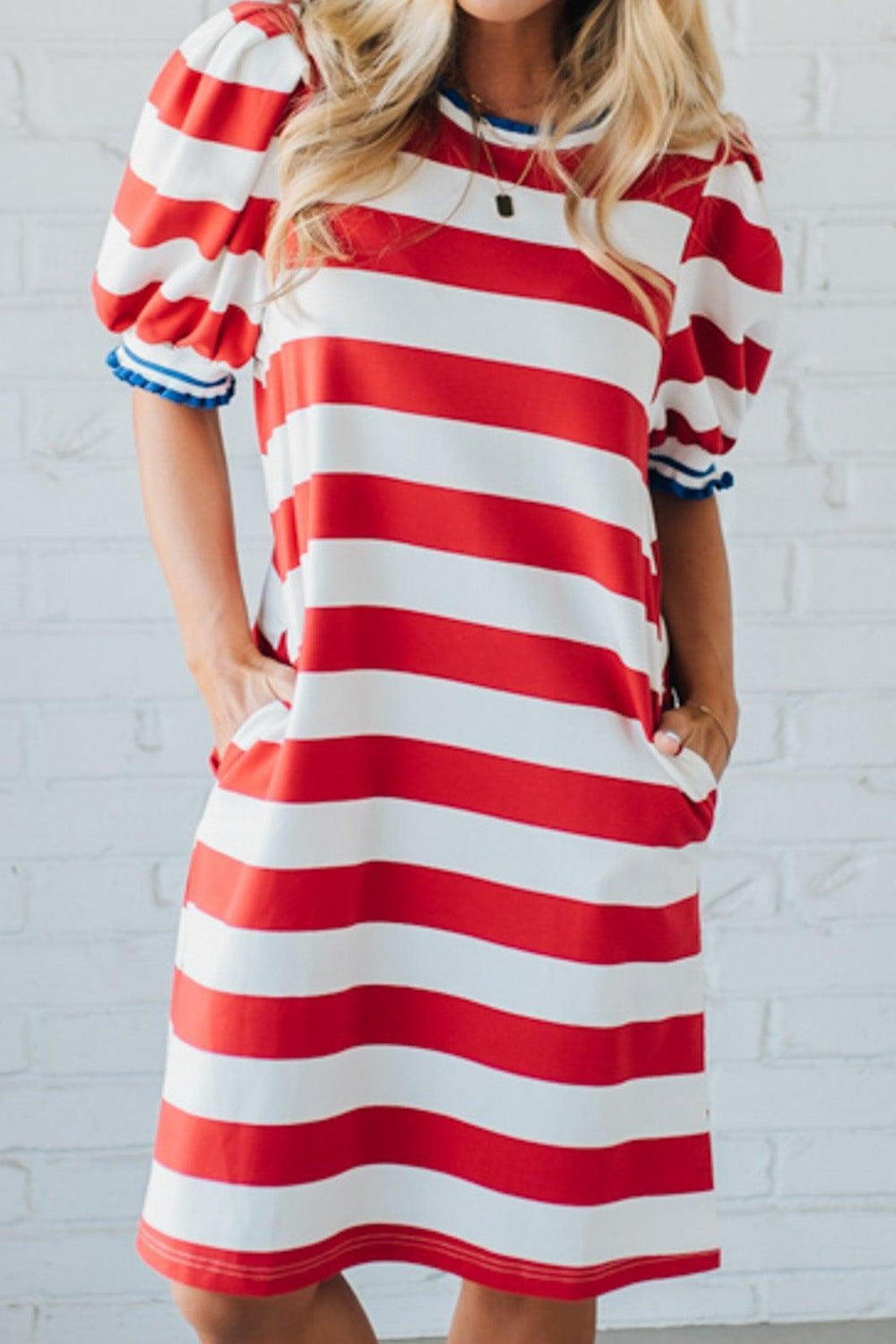 Striped Puff Sleeve Casual Mini Dress Main image