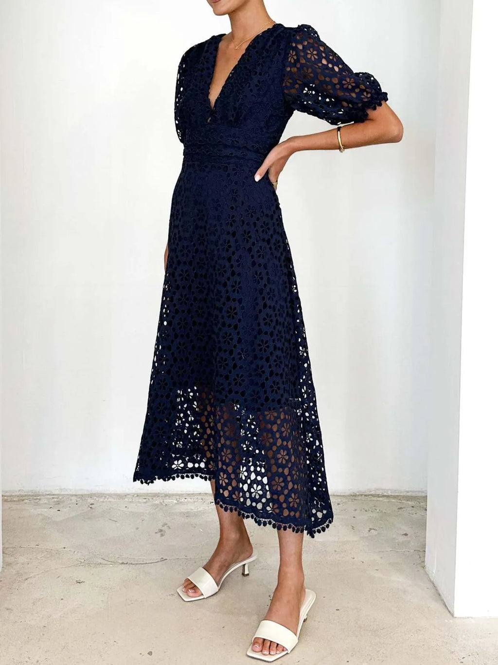 Eyelet Lace V-Neck Midi Dress with Puff Sleeves - product image 22
