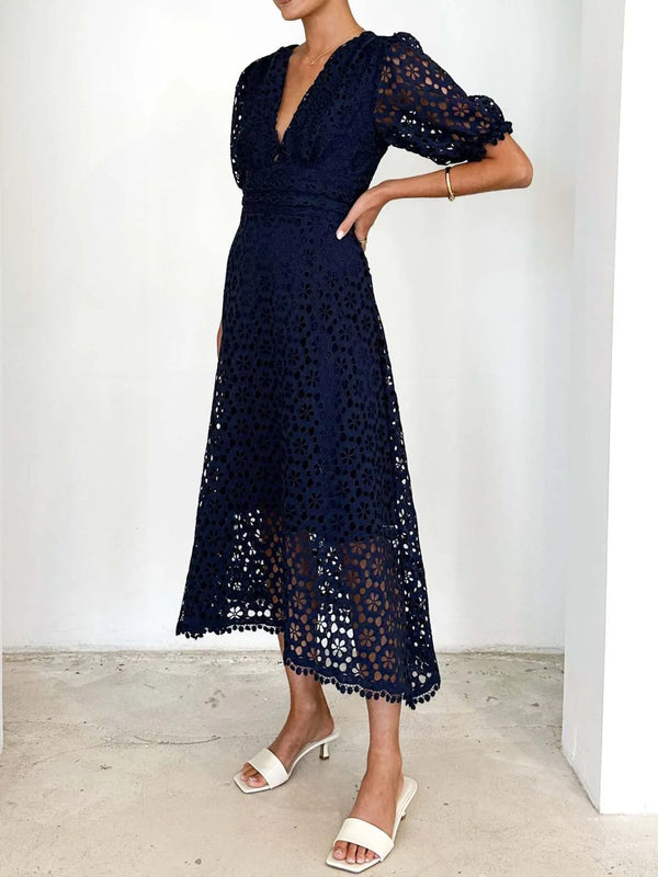 Eyelet Lace V-Neck Midi Dress with Puff Sleeves - product image 22