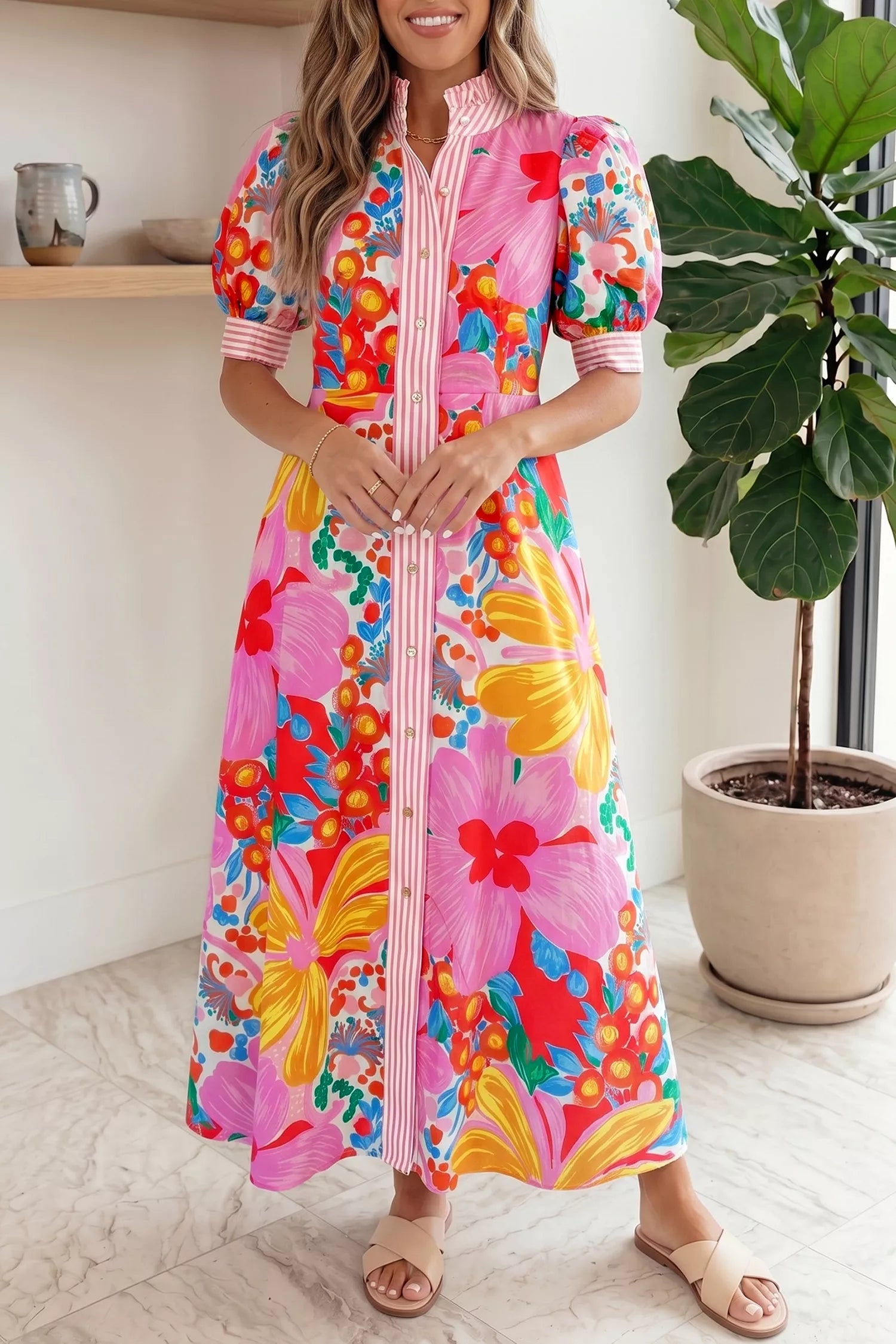 Floral Print Striped Trim Button Down Short Sleeve Maxi Dress Main image