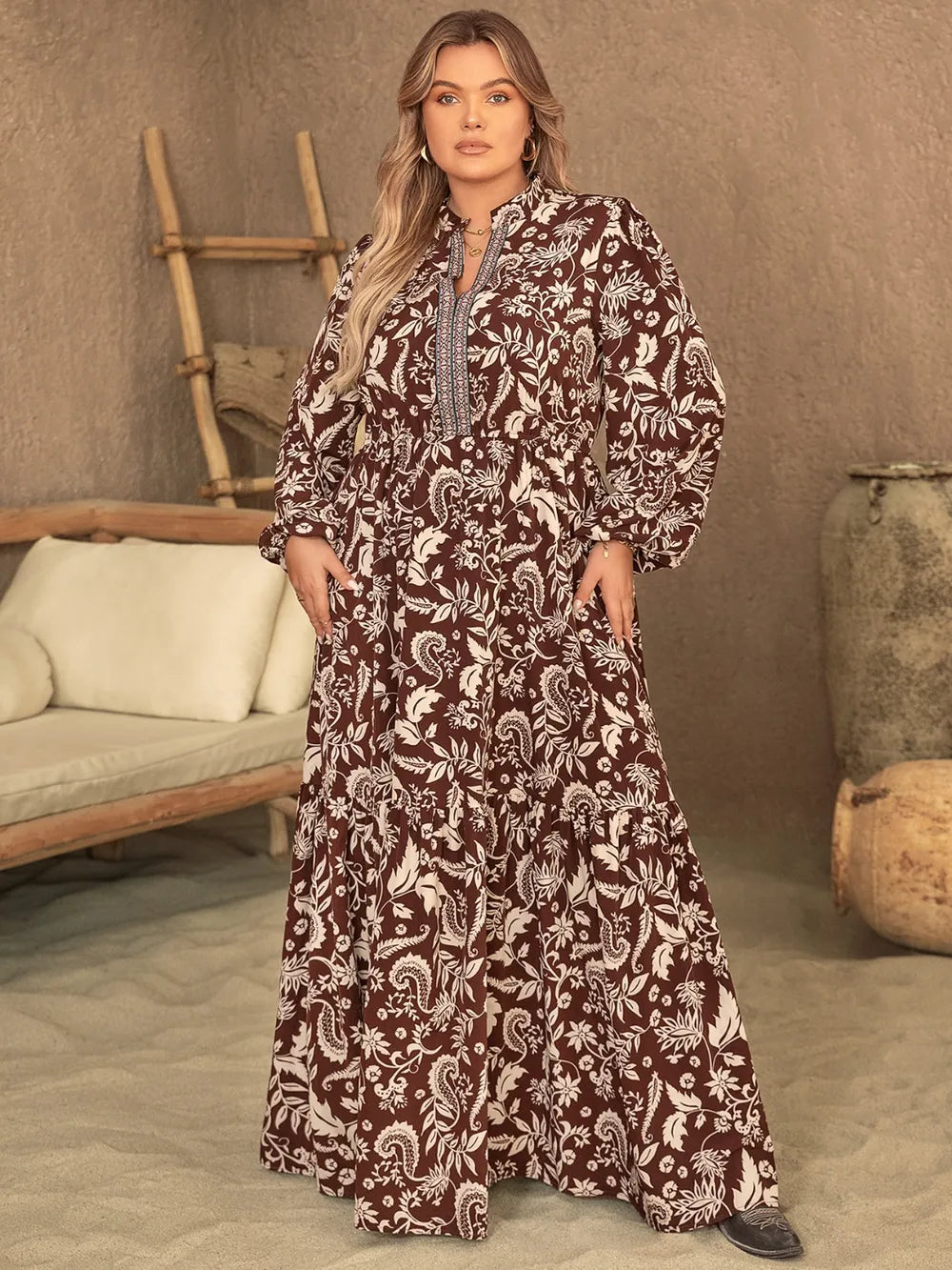 Plus Size Notched Balloon Sleeve Printed Maxi Dress Main image
