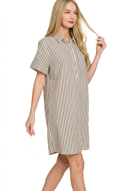 Zenana Stripe Collared Half Button Up T-Shirts Dress view 2 - Shopiebay