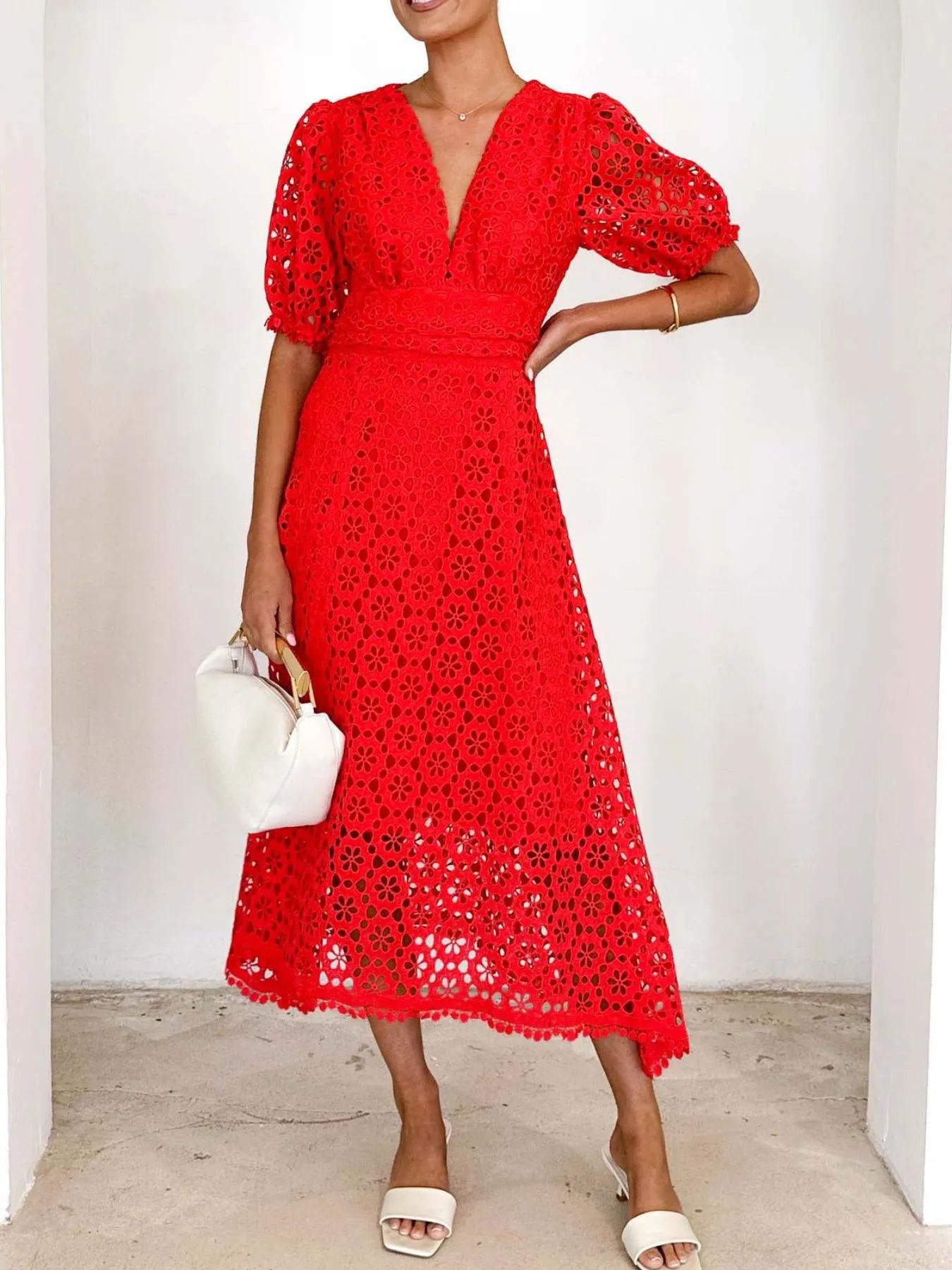 Eyelet Lace V-Neck Midi Dress with Puff Sleeves - product image 16