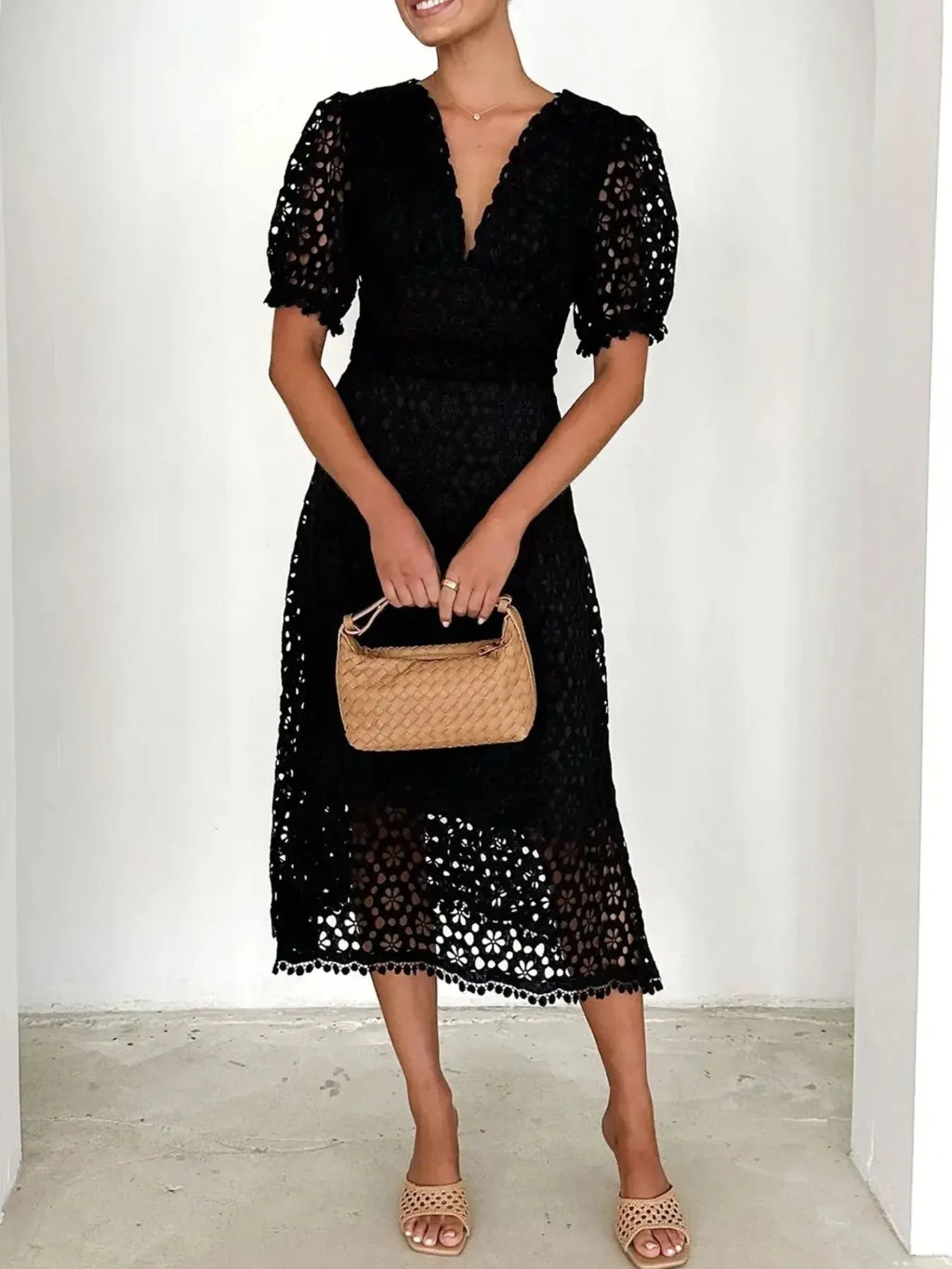 Eyelet Lace V-Neck Midi Dress with Puff Sleeves - product image 8