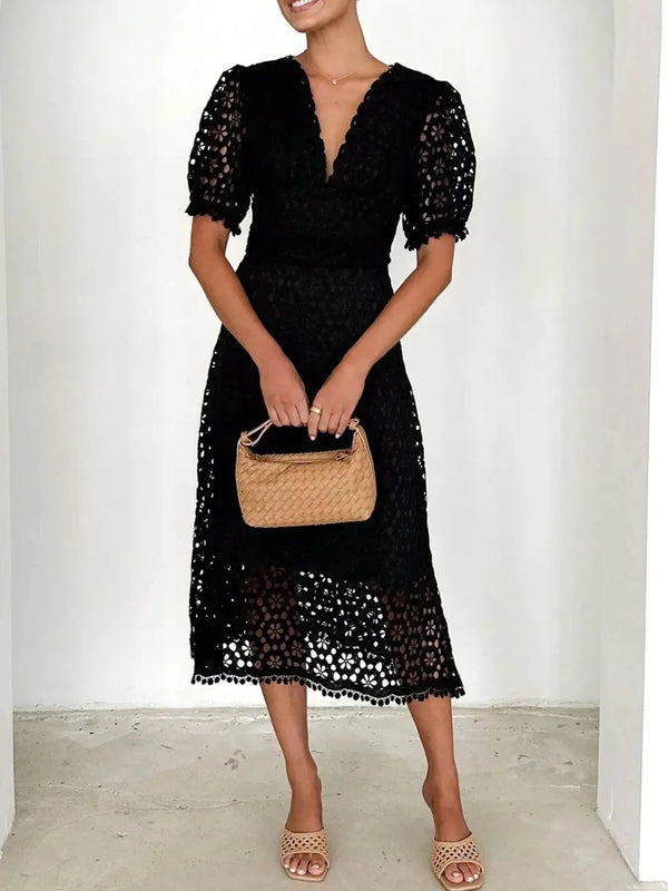 Eyelet Lace V-Neck Midi Dress with Puff Sleeves - product image 8