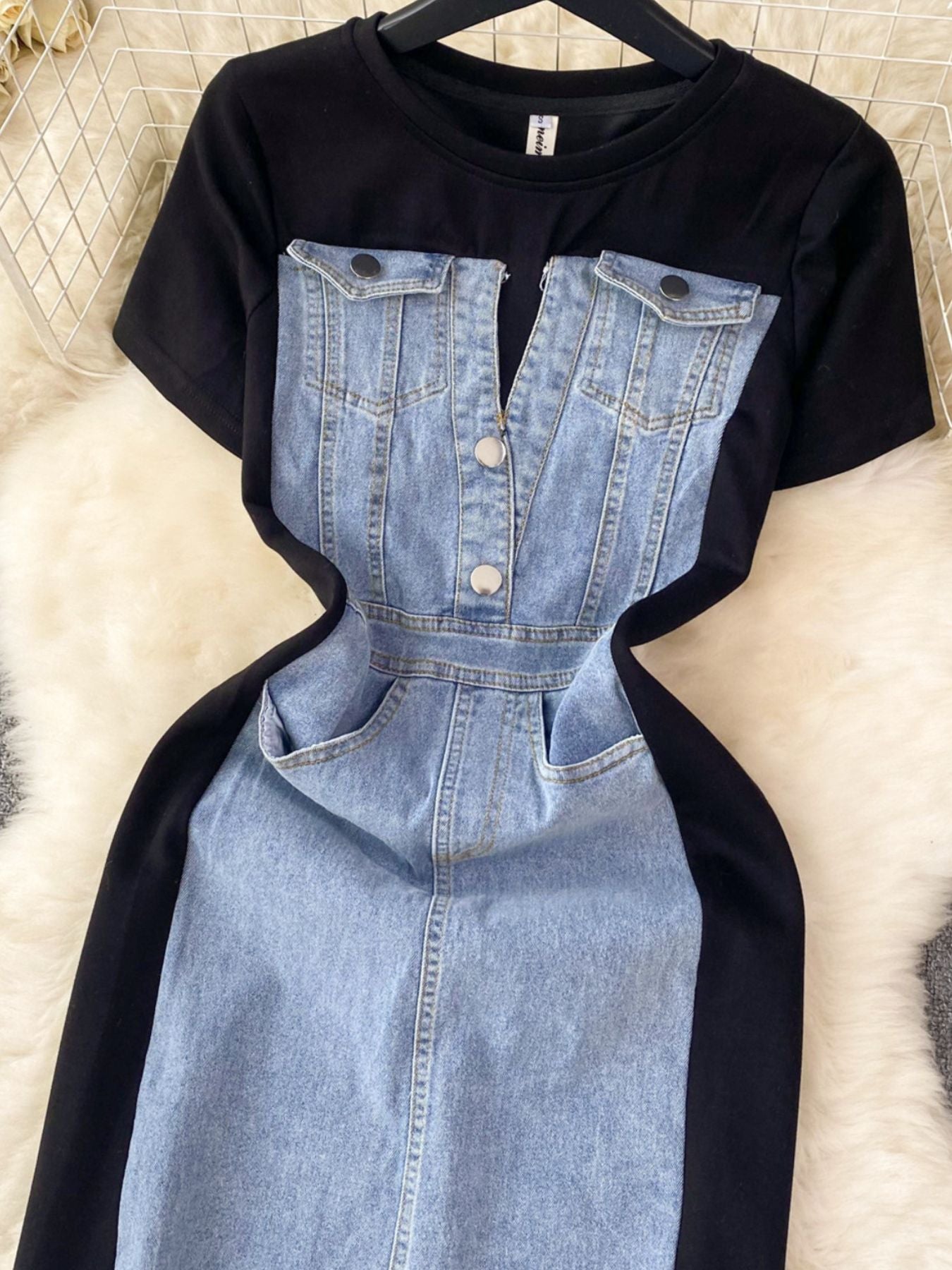 Full Size Denim Patchwork Short Sleeve Slit Back Dress Plus Size - product image 5