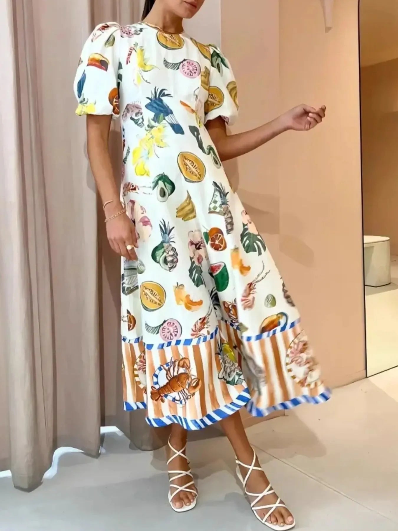Printed Round Neck Puff Sleeve Dress Secondary image