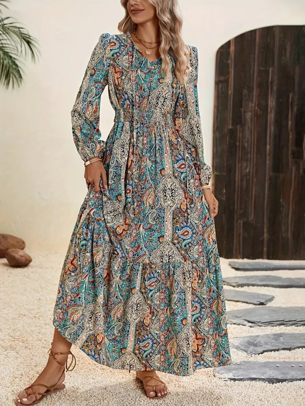 Printed Tie Neck Long Sleeve Maxi Dress Main image