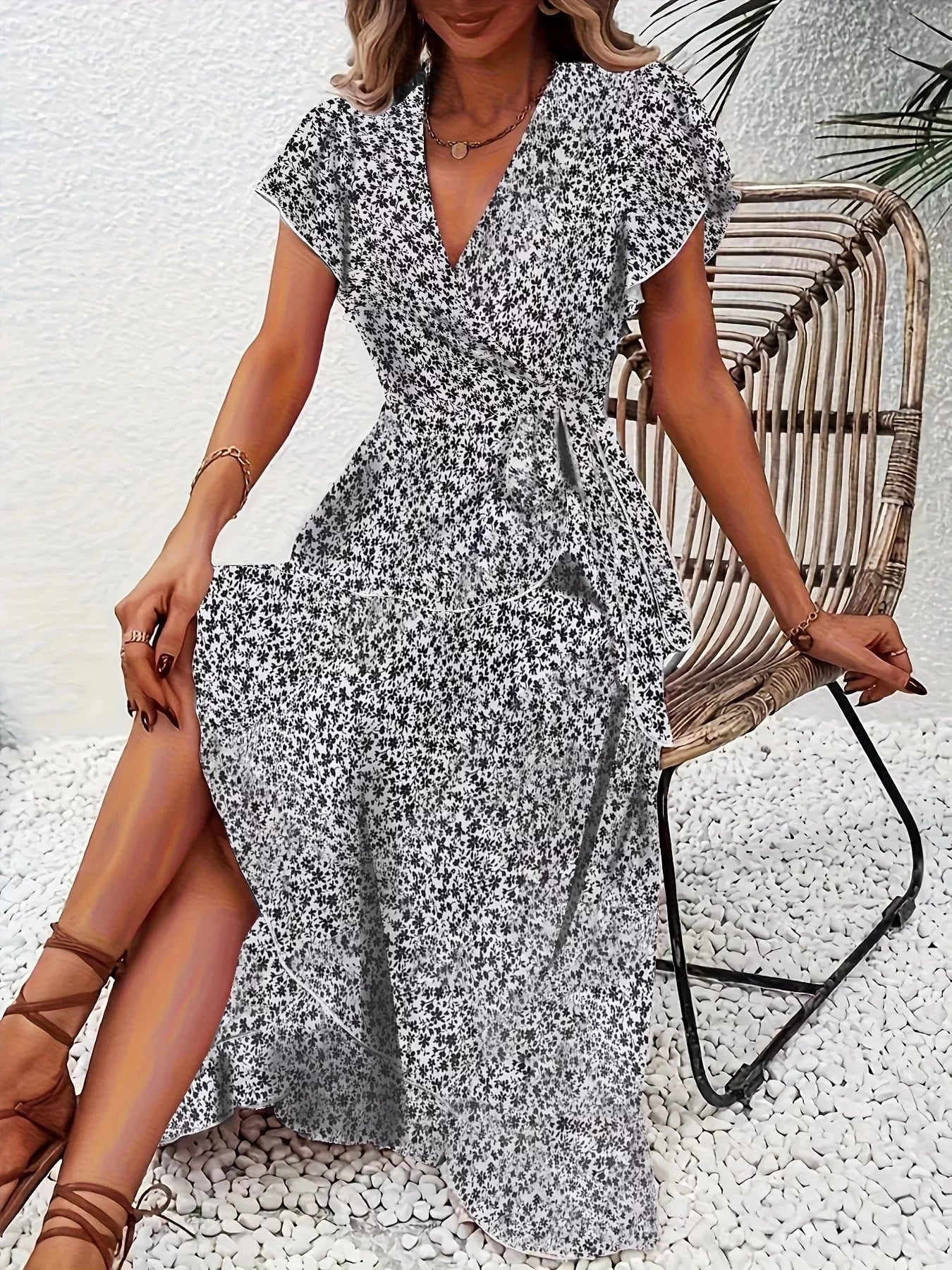 Floral Print Ruffle Hem Wrap Midi Dress view 6 - Shopiebay