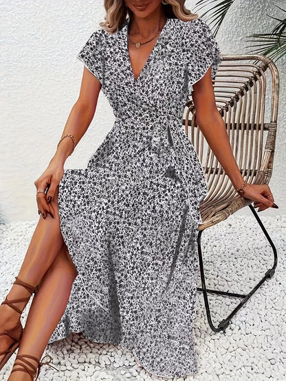 Floral Print Ruffle Hem Wrap Midi Dress view 6 - Shopiebay