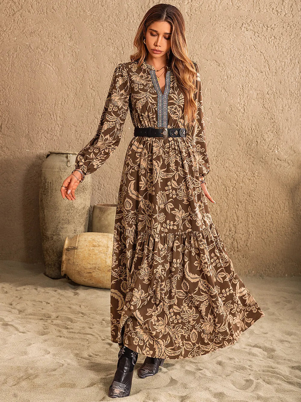 Ruched Printed Notched Long Sleeve Maxi Dress - product image 5