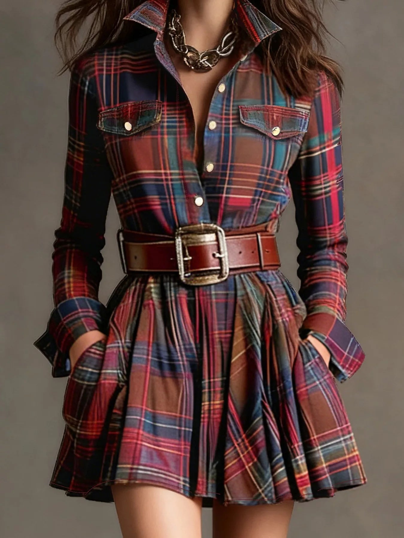 Plaid Long Sleeve Shirt Dress Main image