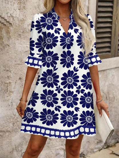 Floral Print Notched Ruffle Sleeve Mini Dress - Shopiebay women's boutique